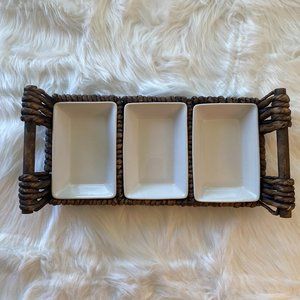 Brown Wicker Woven Condiments Serving Tray w/ 3 Fitted White Dishes NWOT